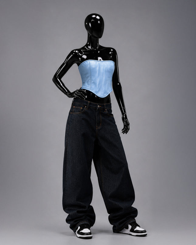Blue Leather Corset Crop Top